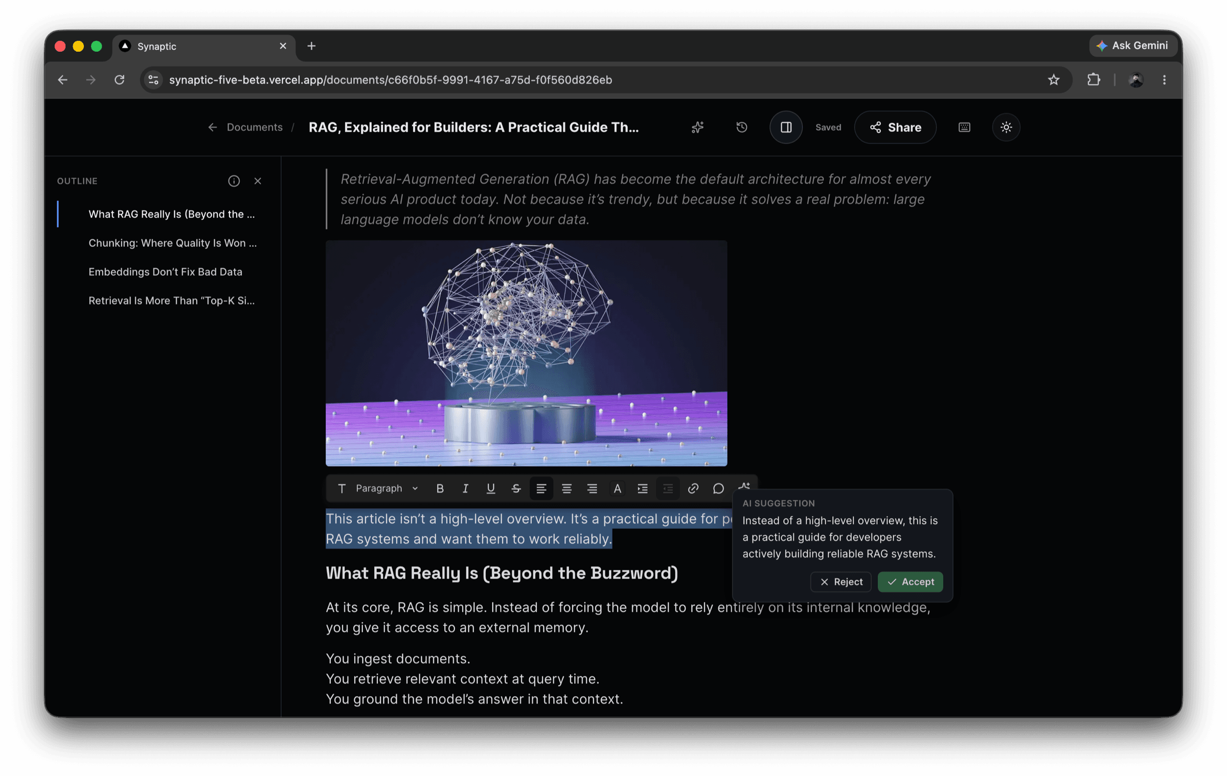 A selected sentence in the Synaptic editor with an inline AI suggestion popover offering a rewritten version, alongside Accept and Reject buttons.