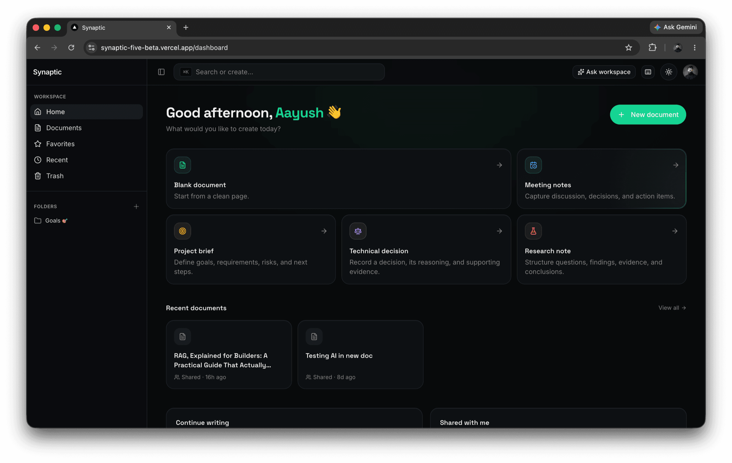 The Synaptic dashboard showing a workspace sidebar with folders and favourites, document templates, and a list of recent documents.