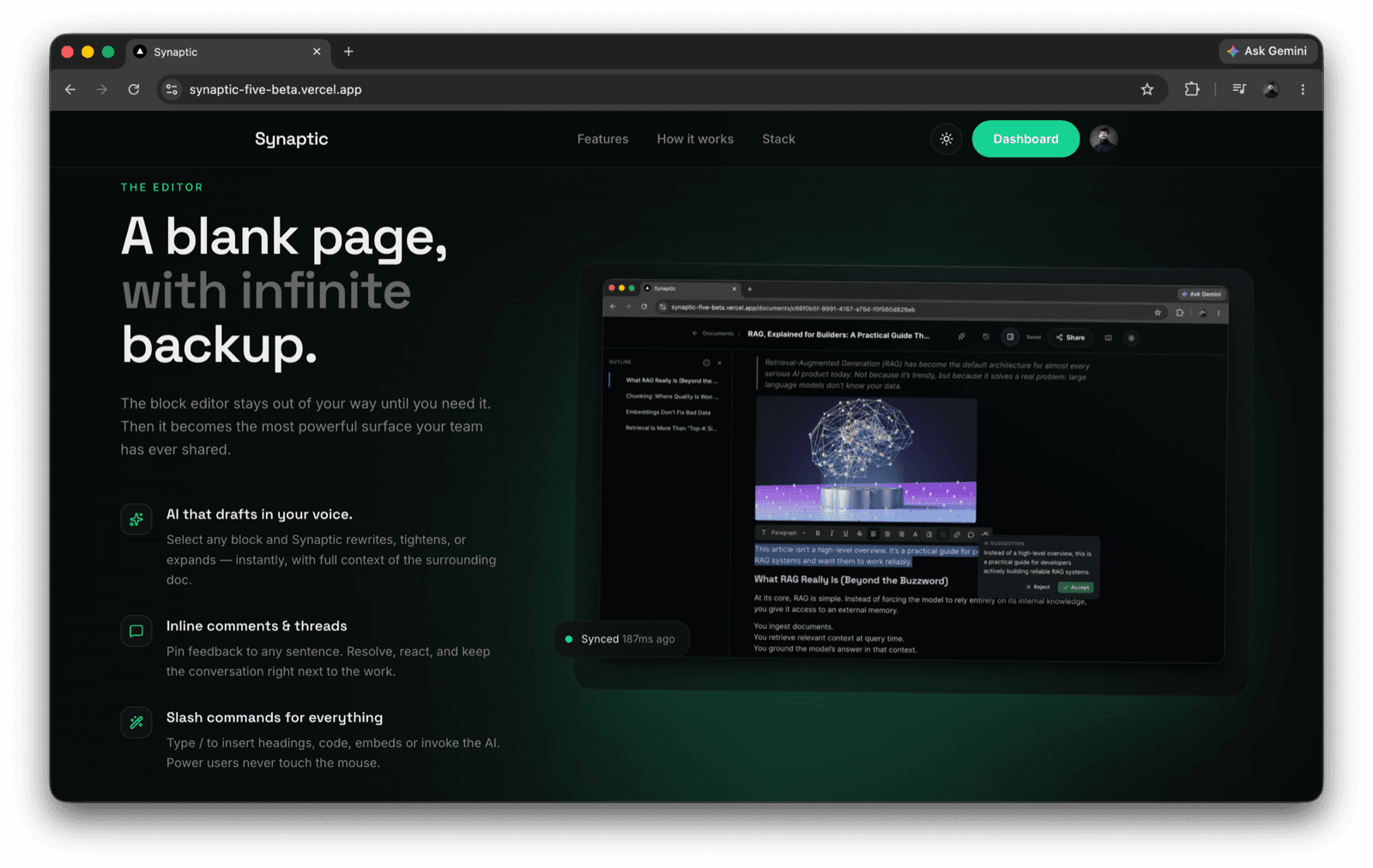 The Synaptic landing page, open in a browser, showing the editor section headlined “A blank page, with infinite backup.” beside a screenshot of a document with an inline AI suggestion.