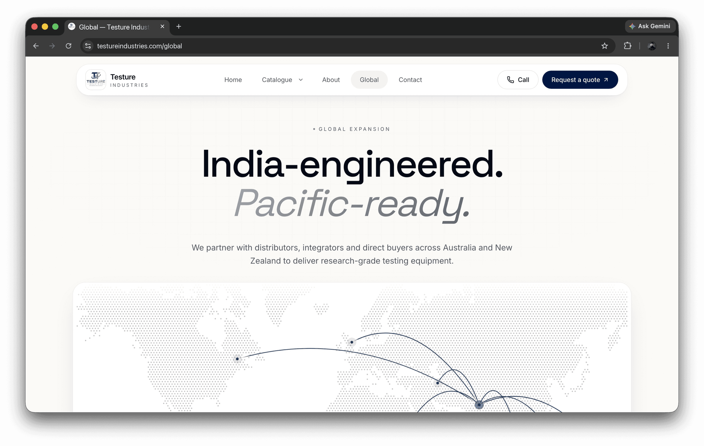 The Testure Industries export page, headlined “India-engineered. Pacific-ready.”, above a dotted world map with arced shipping routes radiating from Delhi to Australia and New Zealand.