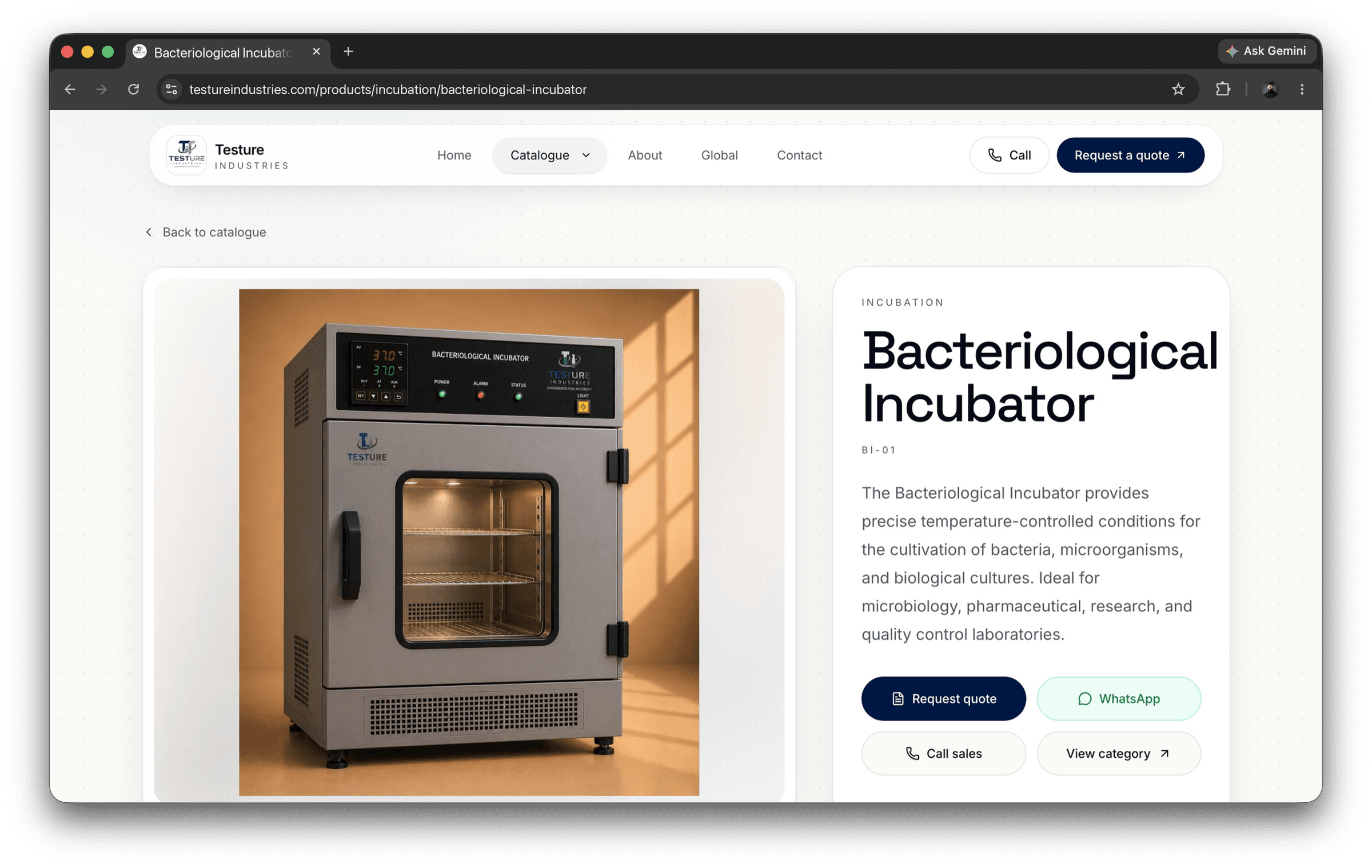 A Testure Industries product page for a bacteriological incubator, model BI-01, showing the product photograph, its description and the quote request, WhatsApp and call sales entry points.